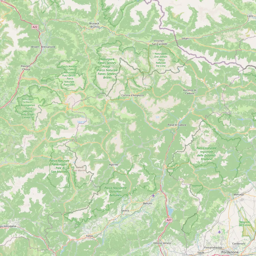 Map of the Alta Via 1 from Lago di Braies past Rifugio Biella, Fanes, Lagazuoi, Nuvolau, Croda da Lago, Coldai, Vazzoler, Carestiato, Pian de Fontana and 7° Alpini to Belluno
