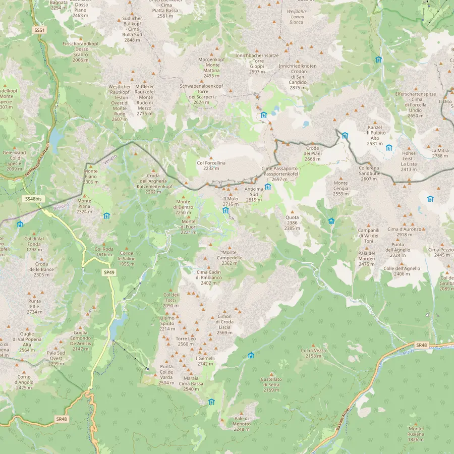 Map of the Tre Cime di Lavaredo area with Misurina, Lago d'Antorno, Rifugio Auronzo, Rifugio Lavaredo, Forcella Lavaredo, Rifugio Locatelli, Malga Langalm and Rifugio Pian di Cengia